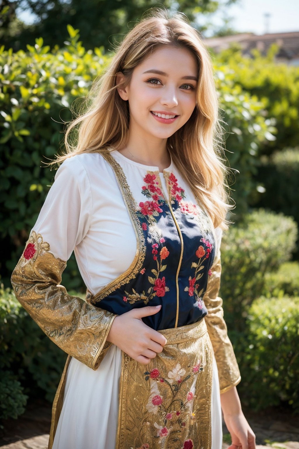 1girl, Beautiful young woman, blonde, smiling, (in beautiful Ukrainian national costume embroidery ornament white, black), sunny day, botanical garden, realistic