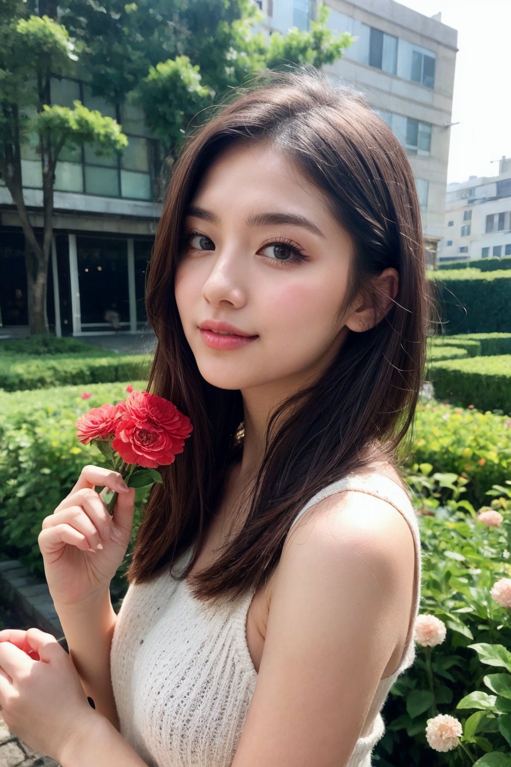 Beautiful girl holding flower village 