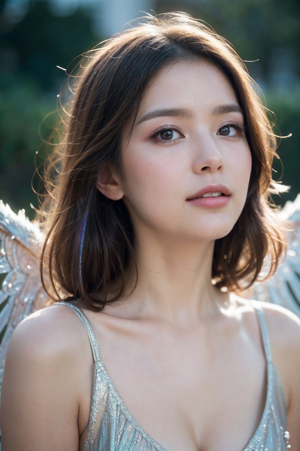 (masterpiece, best quality, CGI, official art:1.2), (stunning celestial being:1.3), (iridescent wings:1.4), shimmering silver hair, piercing sapphire eyes, gentle smile, (luminous aura:1.2), soft focus, whimsical atmosphere, serene emotion, dreamy tone, vibrant intensity, inspired by Hayao Miyazaki's style, ethereal aesthetic, pastel colors with (soft pink accents:1.1), warm mood, soft golden lighting, diagonal shot, looking up in wonder, surrounded by (delicate clouds:1.1) and (shimmering stardust:1.2), focal point on the being's face, intricate textures on wings and clothes, highly realistic fabric texture, atmospheric mist effect, high image complexity, detailed environment, subtle movement of wings, dynamic energy.