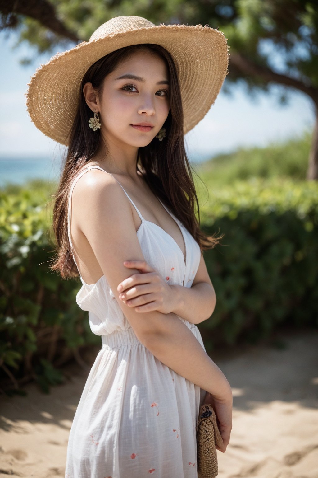 background is beach,sand,tropical forest,
20 yo, 1 girl, beautiful korean girl,standing,
wearing white simple summer dress(red flower pattern,strap),cloth flowing by wind, hold women hat with hands,smile, solo, {beautiful and detailed eyes}, dark eyes, calm expression, delicate facial features, ((model pose)), Glamor body type, (dark hair:1.2), simple tiny earrings, flim grain, realhands, masterpiece, Best Quality, 16k, photorealistic, ultra-detailed, finely detailed, high resolution, perfect dynamic composition, beautiful detailed eyes, eye smile, ((nervous and embarrassed)), sharp-focus, full_body, cowboy_shot,