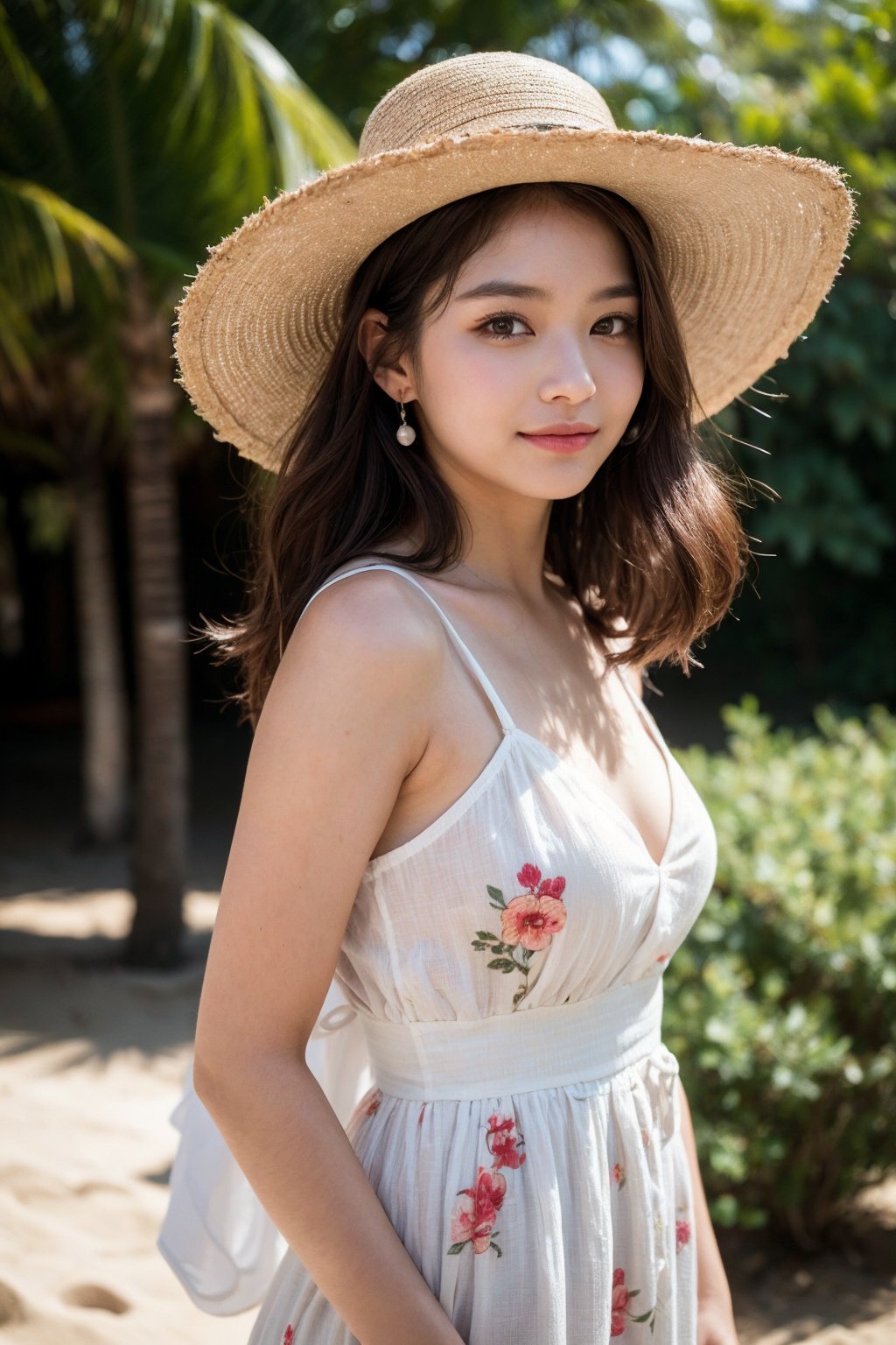 background is beach,sand,tropical forest,
20 yo, 1 girl, beautiful korean girl,standing,
wearing white simple summer dress(red flower pattern,strap),cloth flowing by wind, hold women hat with hands,smile, solo, {beautiful and detailed eyes}, dark eyes, calm expression, delicate facial features, ((model pose)), Glamor body type, (dark hair:1.2), simple tiny earrings, flim grain, realhands, masterpiece, Best Quality, 16k, photorealistic, ultra-detailed, finely detailed, high resolution, perfect dynamic composition, beautiful detailed eyes, eye smile, ((nervous and embarrassed)), sharp-focus, full_body, cowboy_shot,