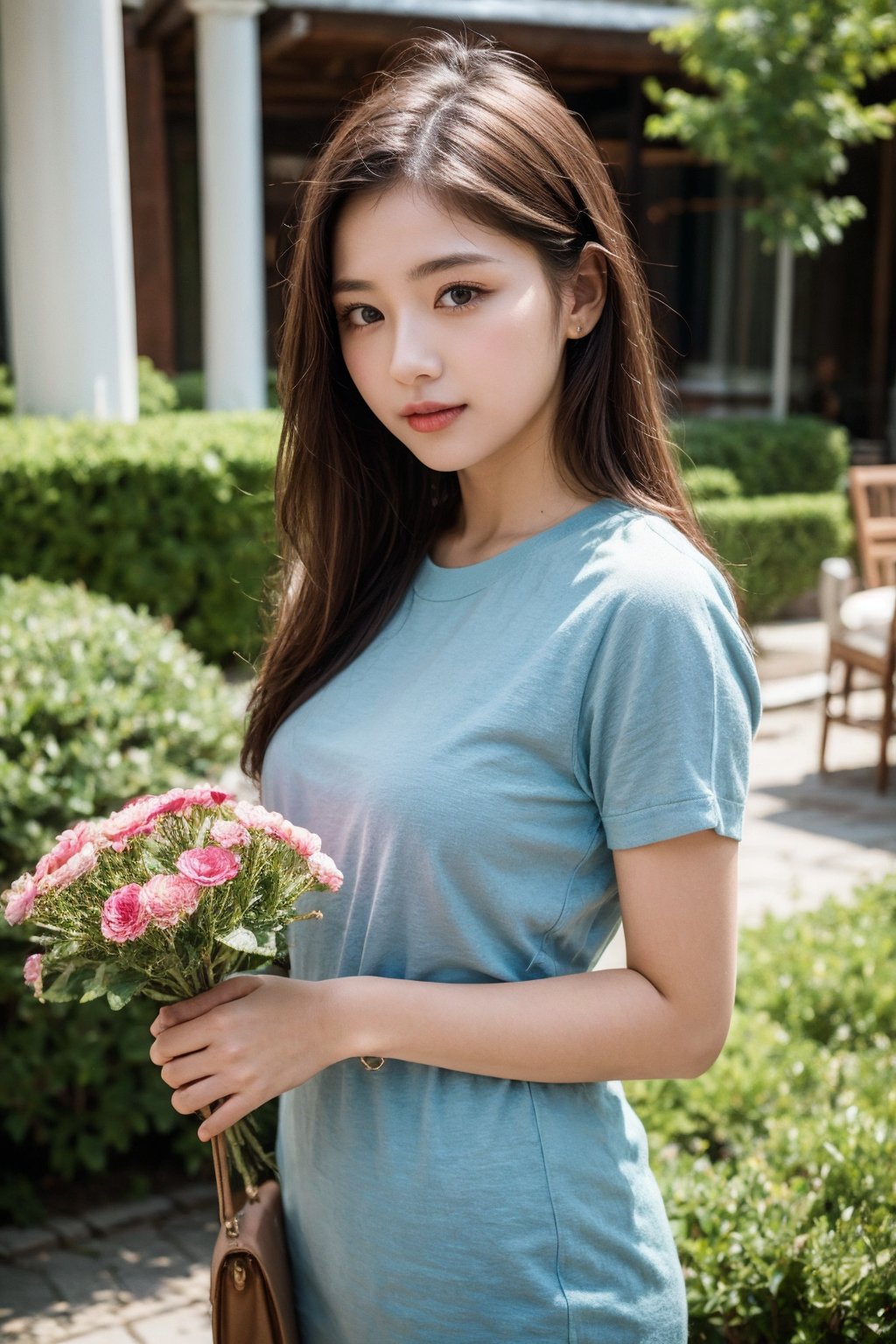 Beautiful girl holding flower village 