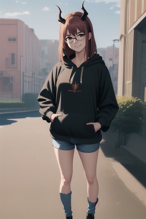 (masterpiece:1.3), (absurdres:1.3), (best quality:1.3), (ultra-detailed:1.3), full body, looking at viewer, smile, outdoors, tania-fi, hand in pocket, dragon horns, (black hoddie:1.3), bespectacled, glasses, shorts, jeans,