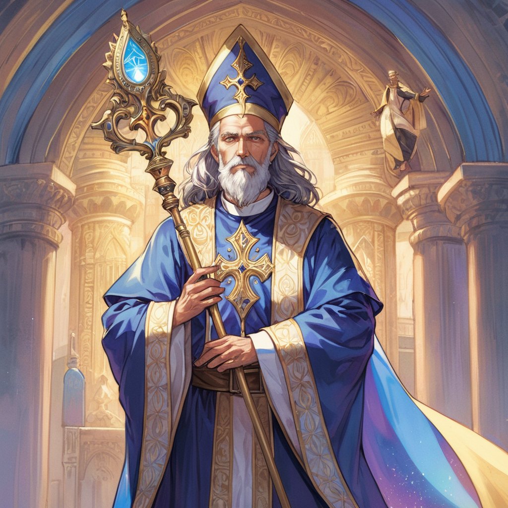 solo, half realistic face, panel comics, 3/4 body, art of male human bishop, staff with his hands, caster pose, holy magic, gray hair, medium hair, beard, 80yo, priest, bishop, magic cast, holds a staff in his hand, sain magic in his hand, wearing bishop robe, bishop cap on head, temple in background,detailed face, normal proportion,detailed arms,detailed weapon,fantasy,concept character design,intricate details, highly detailed