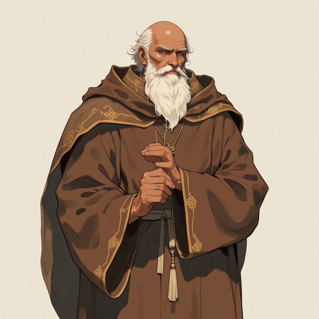 score_9_up, score_9, score_8_up, score_8, score_7, score_7_up, score_6_up, score_5_up, score_4_up, character concept illustration, male human christian abbot, monk, 90yo, kahl, white beard, wearing christian brown monk robe