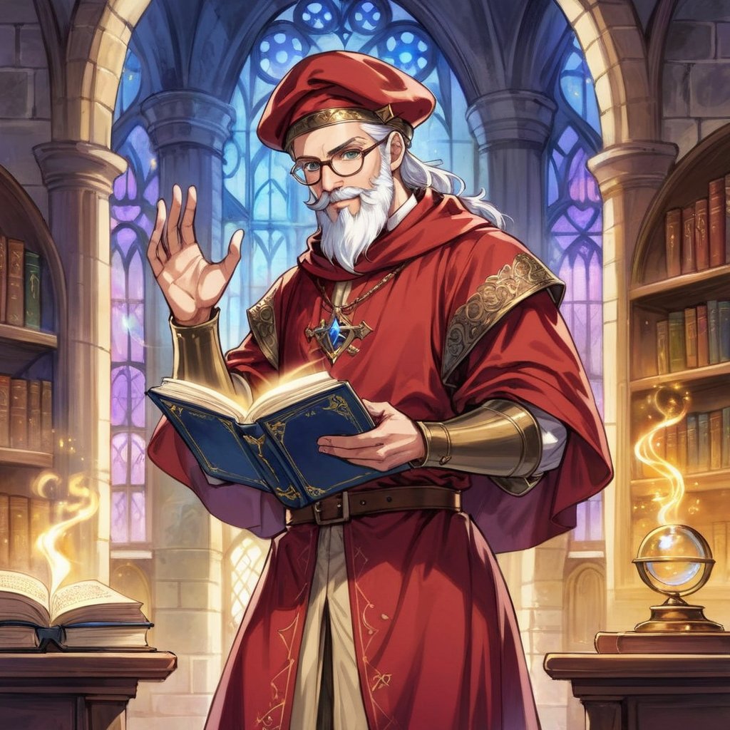 solo, european fantasy, panel comics, 3/4 body, art of male human medieval scholar, mage, cast spell pose, european facial features, spellbook with his hand, medium white beard, medieval clothes, wearing red robe of medieval scientist, renaissance beret on his head, glasses, magic laboratory in background,detailed face, normal proportion,detailed arms,detailed weapon,fantasy,concept character design,intricate details, highly detailed