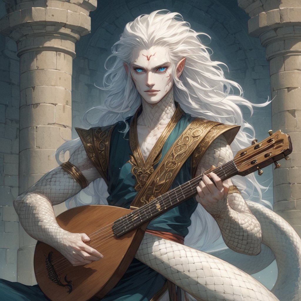 solo, half realistic face, panel comics, 3/4 body art of male naga bard, naga, long white hair, long hair, human face, male model face, masculine face, snake eyes, vertical pupils, 20yo, skinny thin body,plays the lute, blue eyes, bard, lamia, handsome, servant clothes, wearing simple white shirt, snake-like lower body, sits in the coils of his tail, snake coils, white scaly, white tail, castle background,character fantasy concept art,castlevania character design,detailed face highly detailed,detailed arms,fantasy,concept character design,intricate details, highly detailed,NAGA