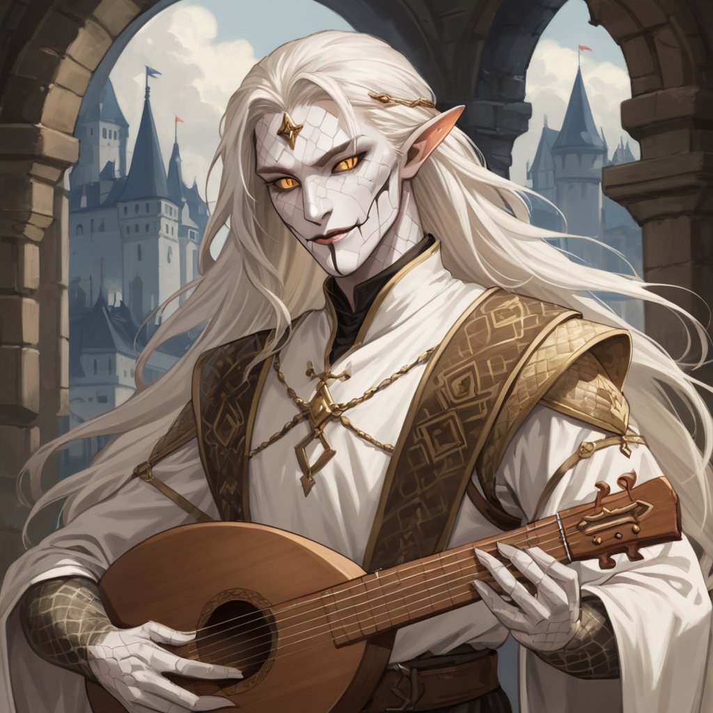 solo, half realistic face, european fantasy, panel comics, 3/4 body, art, art of male Yuan-ti bard, human-snake hybrid, musician, plays on lute, inspired facial expression, Yuan-ti, slit pupils, finned ears, long white hair, long hair, white scaly skin, scaly face, scaly leather skin, snake skin, 20yo, plays the lute, handsome, human clothes, wearing white medieval tunic, white scaly skin, human castle in background,detailed face, normal proportion,detailed arms,detailed weapon,fantasy,concept character design,intricate details, highly detailed,more detail XL