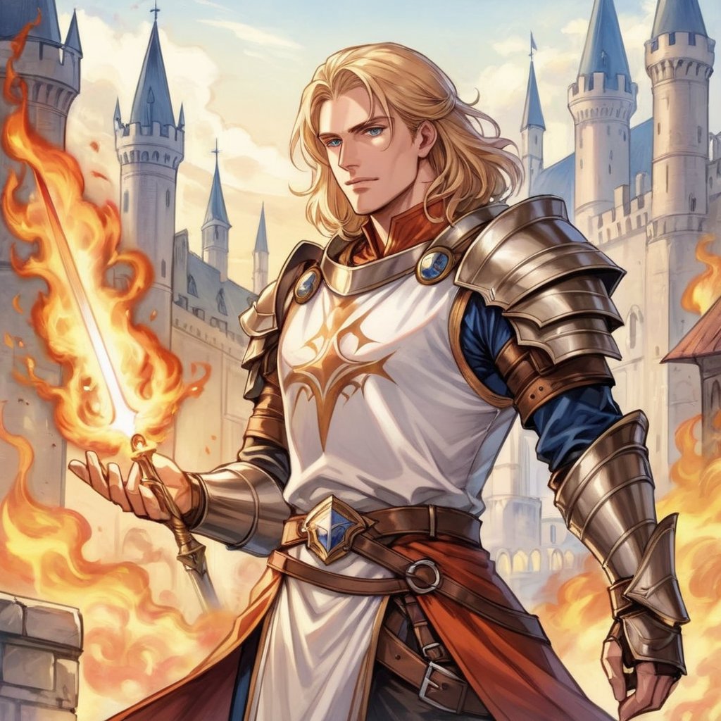 solo, european fantasy, panel comics, 3/4 body, art of male human arcane warrior, warrior, european facial features, flamming sword with his hand, mature male, medium blond hair, medium hair, pale skin, flamming sword, white tabard, wearing light armor, human castle in background,detailed face, normal proportion,detailed arms,detailed weapon,fantasy,concept character design,intricate details, highly detailed