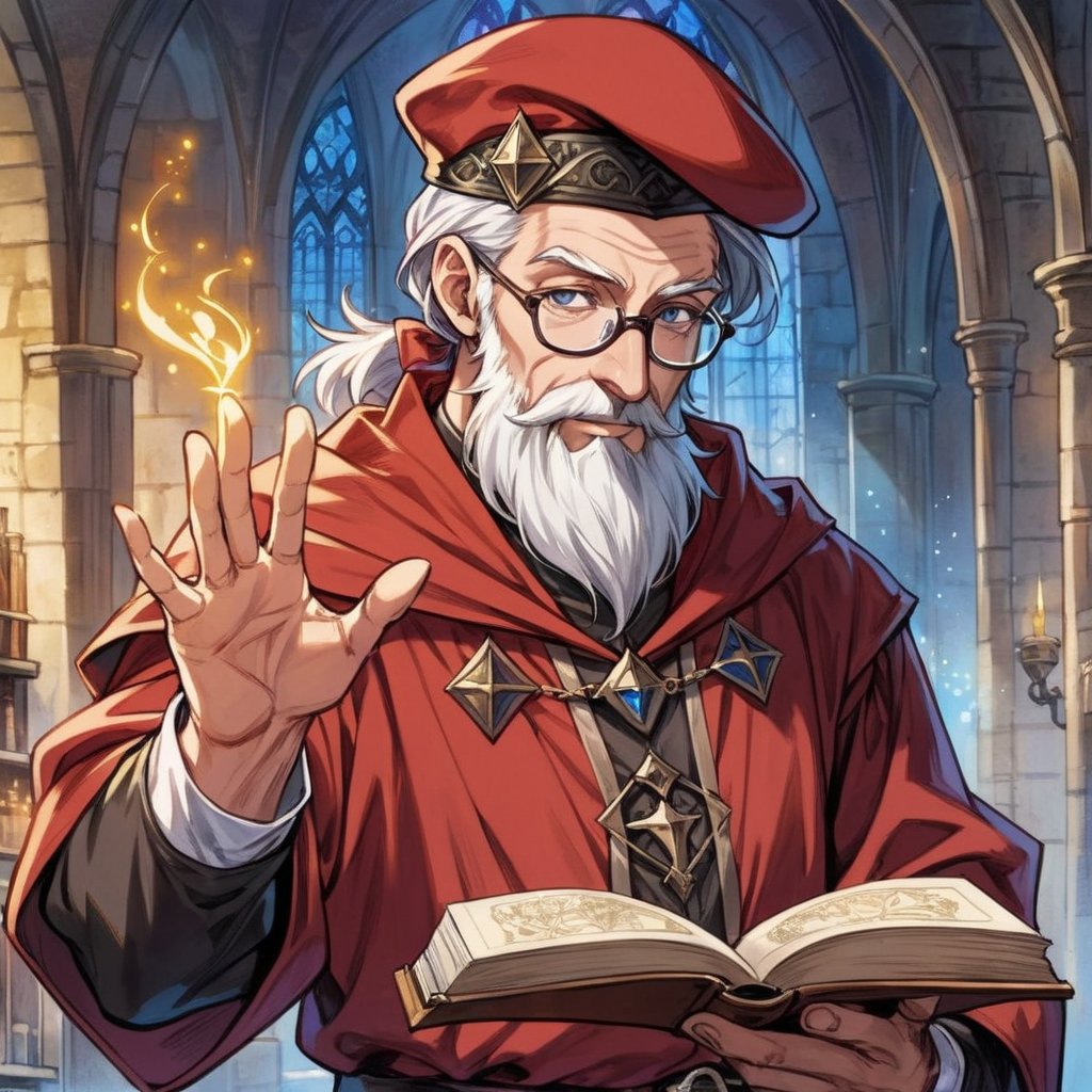 solo, european fantasy, panel comics, 3/4 body, art of male human mage professor, mage, cast spell pose, european facial features, wrinkled face, spellbook with his hand, medium white beard, medieval clothes, wearing red robe of medieval scientist, renaissance beret on his head, glasses, magic laboratory in background,detailed face, normal proportion,detailed arms,detailed weapon,fantasy,concept character design,intricate details, highly detailed