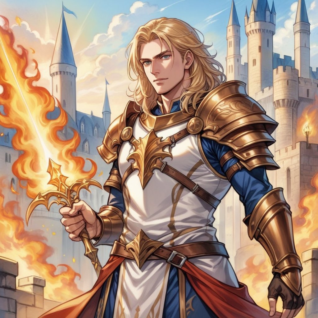 solo, european fantasy, panel comics, 3/4 body, art of male human arcane warrior, warrior, european facial features, flamming sword with his hand, mature male, medium blond hair, medium hair, pale skin, flamming sword, white tabard, wearing light armor, human castle in background,detailed face, normal proportion,detailed arms,detailed weapon,fantasy,concept character design,intricate details, highly detailed