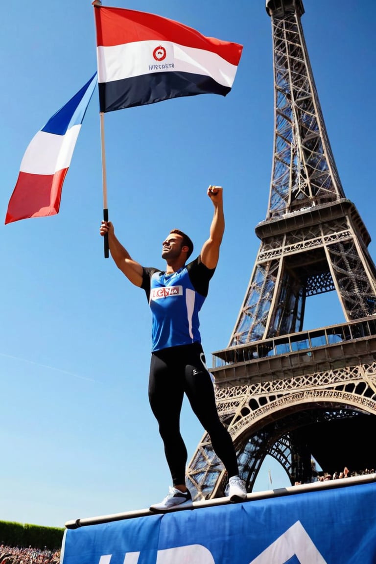 A hero's welcome: A rugged male athlete stands tall, dressed in athletic wear and holding a flag, as the enthusiastic crowd cheers wildly in the grandstand. The iconic Eiffel Tower rises majestically in the bright blue sky behind him, a stunning backdrop for this momentous occasion. Framed by the archway of seats, our hero's confident pose commands attention.