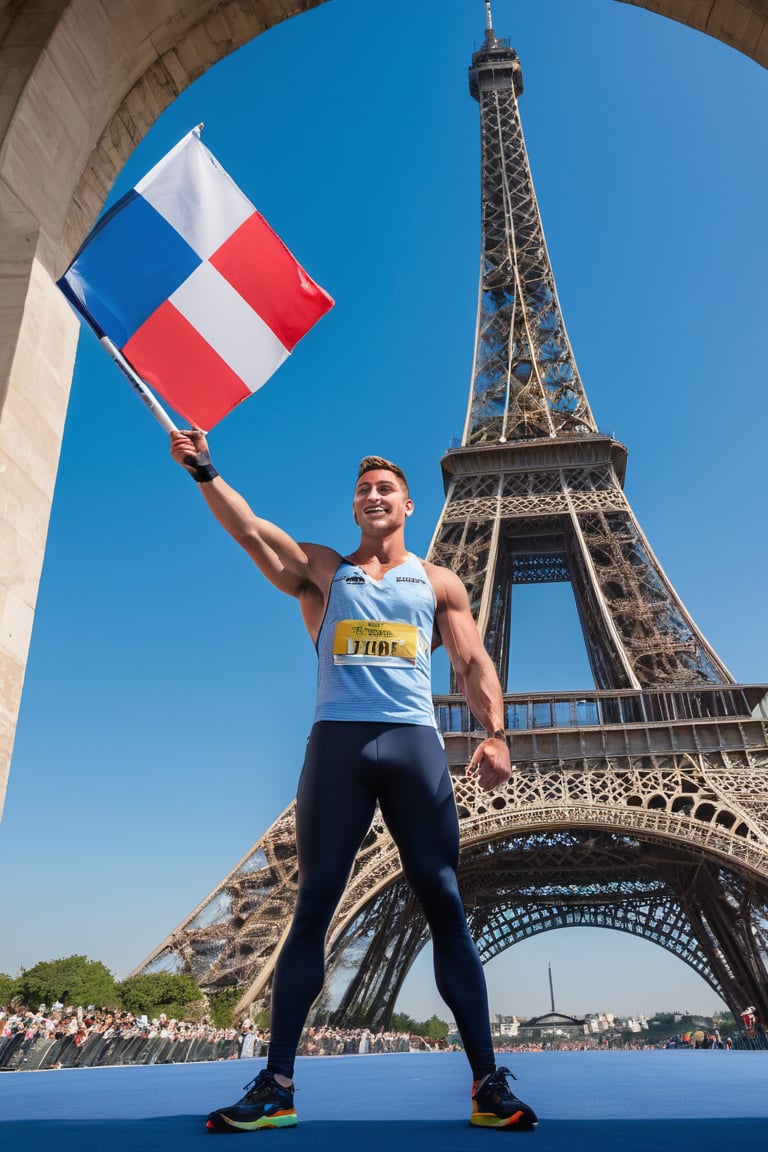 A hero's welcome: A rugged male athlete stands tall, dressed in athletic wear and holding a flag, as the enthusiastic crowd cheers wildly in the grandstand. The iconic Eiffel Tower rises majestically in the bright blue sky behind him, a stunning backdrop for this momentous occasion. Framed by the archway of seats, our hero's confident pose commands attention.