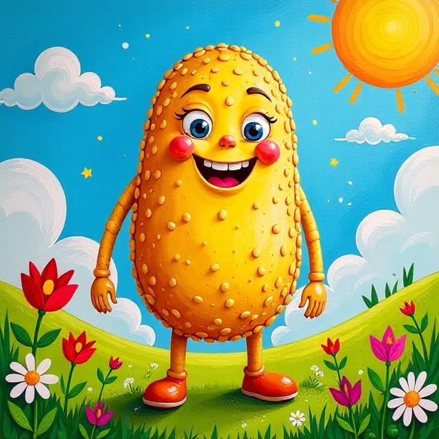 A child's painting of a giant made of sesame seeds, vibrant colors, playful brushstrokes, wide-eyed expression, standing in a whimsical landscape, sunny sky, grassy field, oversized flowers, exaggerated proportions, happy and cheerful mood, framed in a simple wooden border, bright and cheerful lighting, close-up view of the giant's face, smiling with joy.