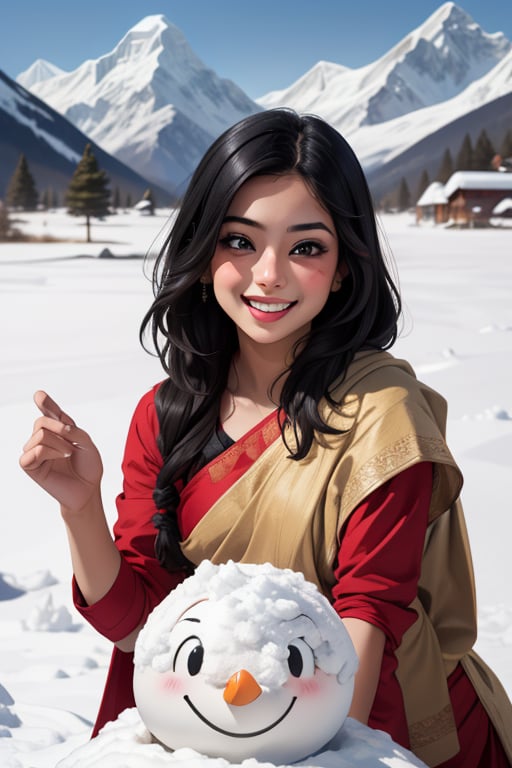 beautiful cute young attractive girl indian, teenage girl, village girl,18 year old,cute, instagram model,long black hair .color hairDescribe the enchanting scene of a cute girl joyfully playing amidst the pristine snow-capped peaks of the Himalayas. Capture the essence of her laughter echoing through the mountains, the sparkle in her eyes as she builds snowmen, and the warmth of her smile contrasting against the snowy landscape, indian hot ,little smiling, smooth face,Saree,