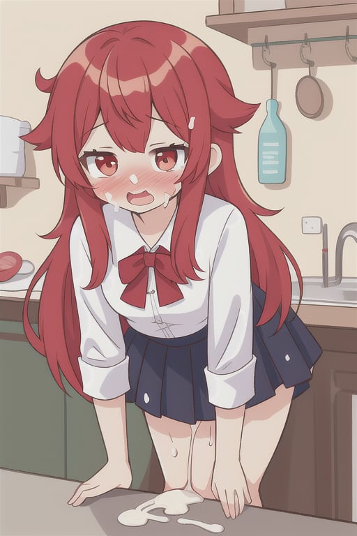  red head girl with long straight hair bent over the counter in a skirt. vagina showing. cum all over her face and in her hair

,loli