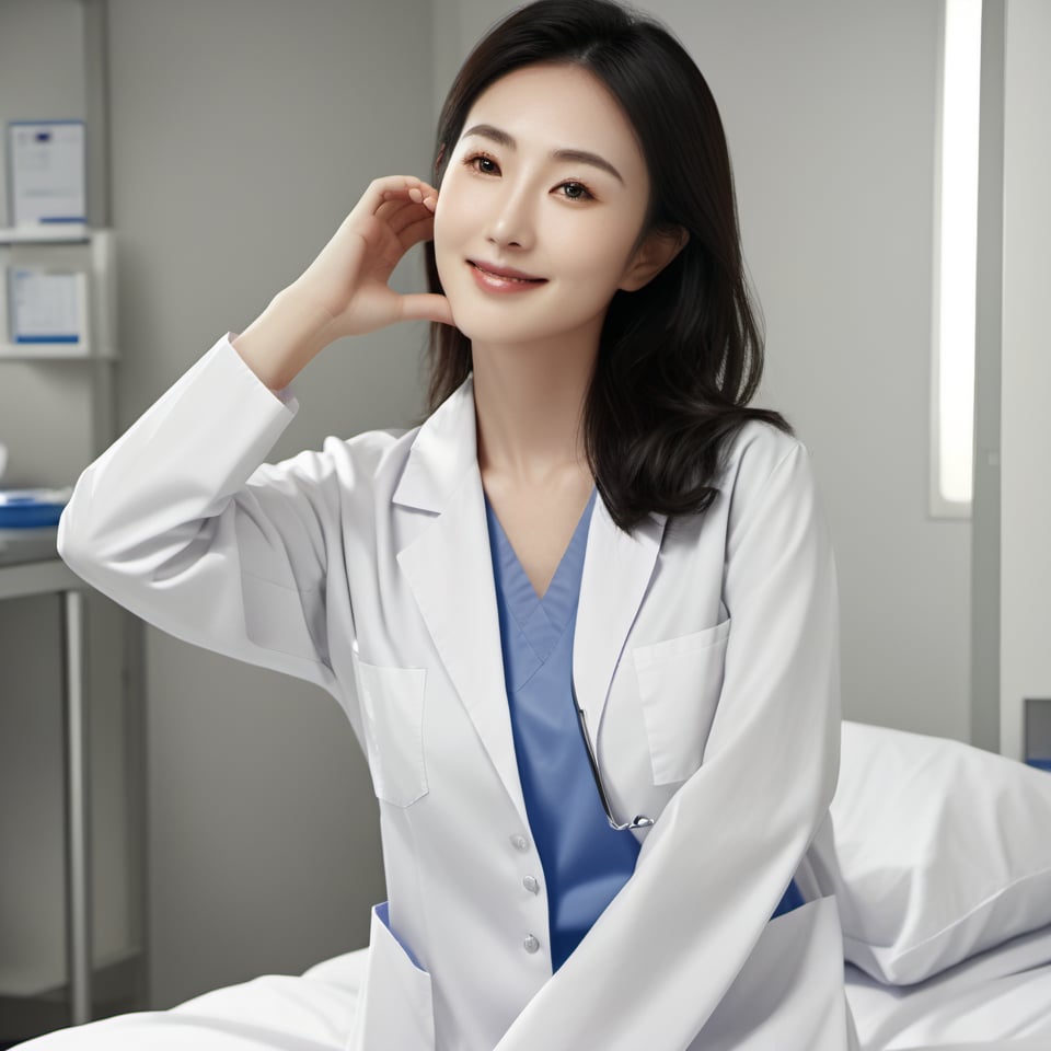 masterpiece,best quality,4k,(cowboy shot), 1girl, (cheek_heart:1.4), smiling beautiful Japanese female doctor wearing white labcoat over scrubs, sitting, beautiful detailed face, black hair, pale skin, realistic skin, detailed cloth texture, detailed hair texture, Perfect proportion, accurate, Anatomically correct, Highly detailed face and skin texture, modern hospital bed, photorealistic, realistic, looking at viewer,