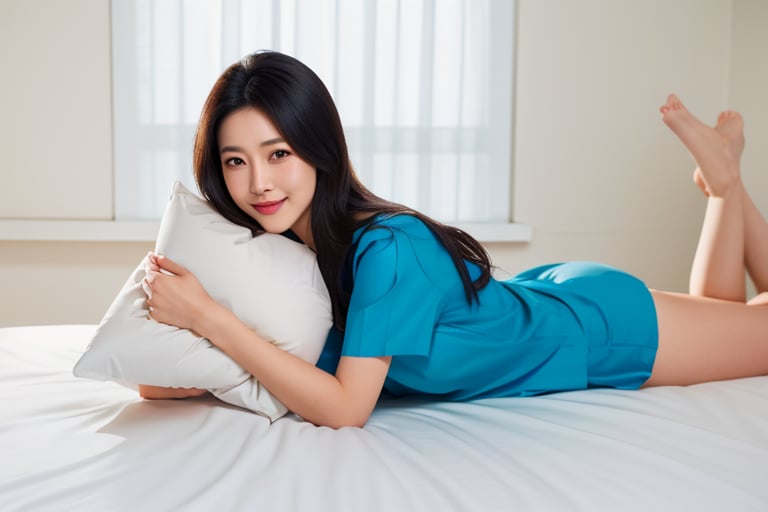  (full body shot), 1girl, (pillow hug, lying on bed, on stomach:1.4), from side, smiling, beautiful Japanese female nurse wearing teal nurse uniform, beautiful detailed face, slim, Japanese woman, black hair, pale skin, realistic skin, detailed cloth texture, detailed hair texture, Perfect proportion, Beautiful Face, accurate, Anatomically correct, Highly detailed face and skin texture , looking at viewer , (bright sunny day), photorealistic