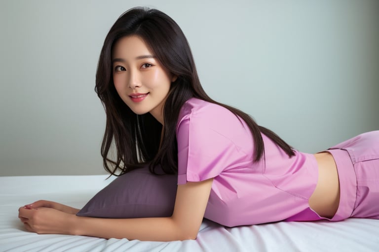  (full body shot), 1girl, (pillow hug, lying on bed, on stomach:1.4), from side, smiling, beautiful Japanese female nurse wearing pink scrubs, beautiful detailed face, slim, Japanese woman, black hair, pale skin, fair skin, realistic skin, detailed cloth texture, detailed hair texture, Perfect proportion, Beautiful Face, accurate, Anatomically correct, Highly detailed face and skin texture , looking at viewer , (bright sunny day), photorealistic