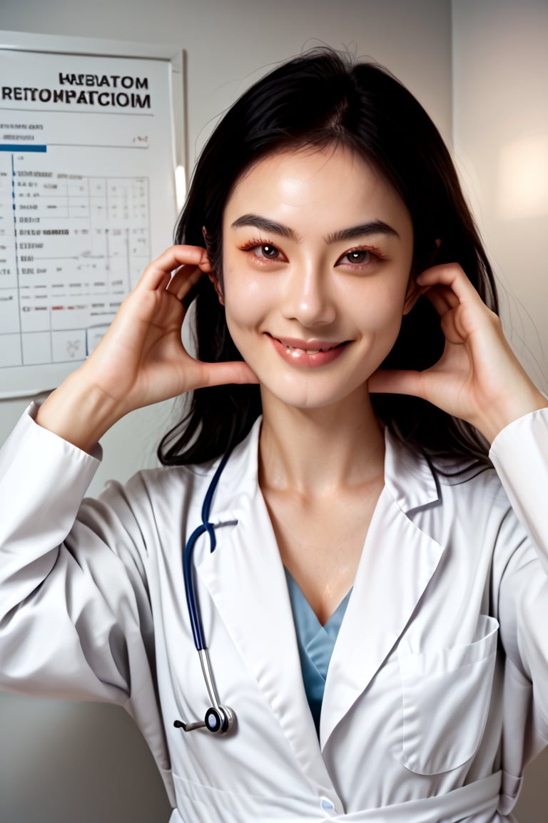 score_9,score_8_up,score_7_up, (cowboy shot), 1girl,  (cheek_heart:1.4), smiling, beautiful Japanese female doctor wearing white labcoat, beautiful detailed face, slim, Japanese woman, black hair, pale skin, fair skin, realistic skin, detailed cloth texture, detailed hair texture, Perfect proportion, Beautiful Face, (perfect eyes), (detailed eyes), solid circle eyes, sparkling eyes, (clean eyes), accurate, Anatomically correct, Highly detailed face and skin texture , looking at viewer, modern hospital, photorealistic