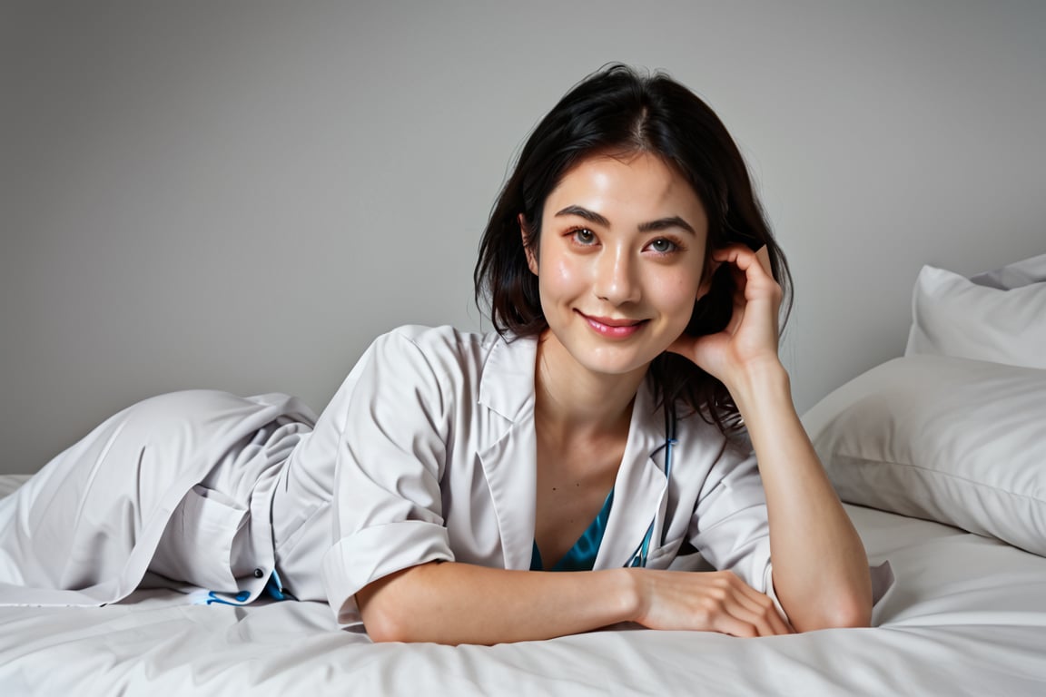 score_9,score_8_up,score_7_up, (full body shot), 1girl, lying, on side, from side, (cheek_heart:1.4), smiling, beautiful Japanese female doctor wearing white labcoat, beautiful detailed face, slim, Japanese woman, black hair, pale skin, fair skin, realistic skin, detailed cloth texture, detailed hair texture, Perfect proportion, Beautiful Face, (perfect eyes), (detailed eyes), solid circle eyes, sparkling eyes, (clean eyes), accurate, Anatomically correct, Highly detailed face and skin texture , looking at viewer , comfy bed, photorealistic