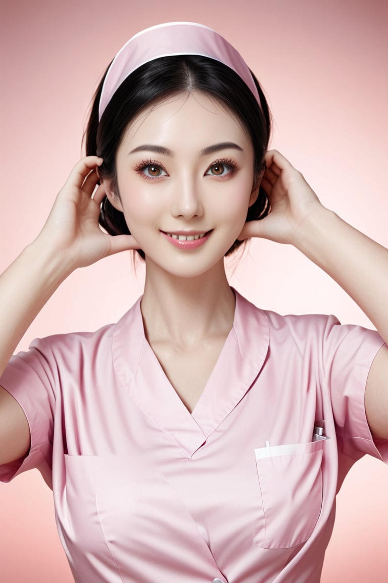 (cowboy shot), 1girl,  (cheek_heart:1.4), smiling, beautiful Japanese female nurse wearing pink nurse dress, beautiful detailed face, slim, Japanese woman, black hair, pale skin, fair skin, realistic skin, detailed cloth texture, detailed hair texture, Perfect proportion, Beautiful Face, (perfect eyes), (detailed eyes), solid circle eyes, sparkling eyes, (clean eyes), accurate, Anatomically correct, Highly detailed face and skin texture , looking at viewer, modern hospital, photorealistic