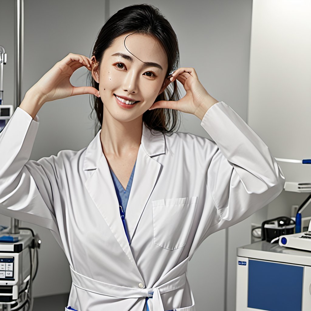 masterpiece,best quality,4k,(cowboy shot), 1girl, (cheek_heart:1.4), smiling beautiful Japanese female doctor wearing white labcoat over scrubs, sitting, beautiful detailed face, black hair, pale skin, realistic skin, detailed cloth texture, detailed hair texture, Perfect proportion, accurate, Anatomically correct, Highly detailed face and skin texture, modern hospital bed, photorealistic, realistic, looking at viewer,