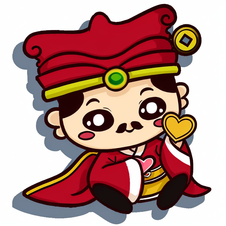 (1st boy),boy,red hat,hanfu,(background It's a big heart), (SUPER CHIBI), chibi:1, full_body,truechibi,(Sitting, holding a gold coin in one hand:0.9),1:1,happy_face