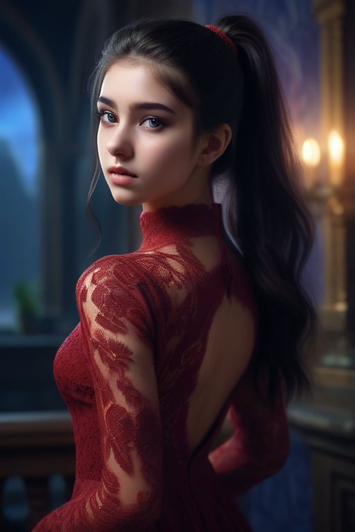 Generate hyper realistic full body image of a stunning 20 year old girl,)) Red lace dress extremely rich in intricate details, long dark hair in a ponytail, lightdark eyes, meaningful colors,16k resolution, masterpiece, highly complex setting,dynamic lighting, breathtaking, lovely photography style, Extremely Realistic,The background is dominated by deep blues and purples, creating a mysterious and dramatic atmosphere. The character's face is serene. The overall style of the artwork is reminiscent of fantasy or supernatural genres.
