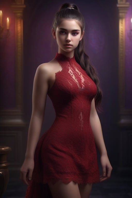 Generate hyper realistic full body image of a stunning 20 year old girl,)) Red lace dress extremely rich in intricate details, long dark hair in a ponytail, lightdark eyes, meaningful colors,16k resolution, masterpiece, highly complex setting,dynamic lighting, breathtaking, lovely photography style, Extremely Realistic,The background is dominated by brightness and purples, creating a mysterious and dramatic atmosphere. The character's face is serene. The overall style of the artwork is reminiscent of fantasy or supernatural genres.
