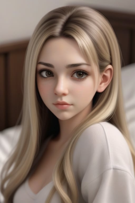 Create realistic image of Sonia face and body, he is set in a chair. beautiful looking, Sonia has a warm cute face like cubby girl, approachable face with expressive, hot black eyes, Her hair is black color long, beautiful blond black long hair, she’s in her bed in a Super realistic bedroom, make the bedroom realistic and cozy with cute decoration and some realistic plant,