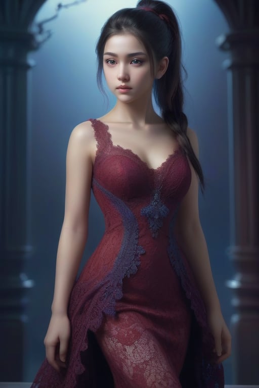 Generate hyper realistic full body image of a stunning 20 year old girl,)) Red lace dress extremely rich in intricate details, long dark hair in a ponytail, lightdark eyes, meaningful colors,16k resolution, masterpiece, highly complex setting,dynamic lighting, breathtaking, lovely photography style, Extremely Realistic,The background is dominated by deep blues and purples, creating a mysterious and dramatic atmosphere. The character's face is serene. The overall style of the artwork is reminiscent of fantasy or supernatural genres.
