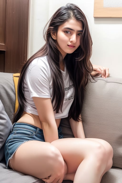 beautiful cute young attractive indian teenage girl, village girl, 18 years old, cute,  Instagram model, long black_hair, colorful hair, dacing, in home sit at  sofa, indian