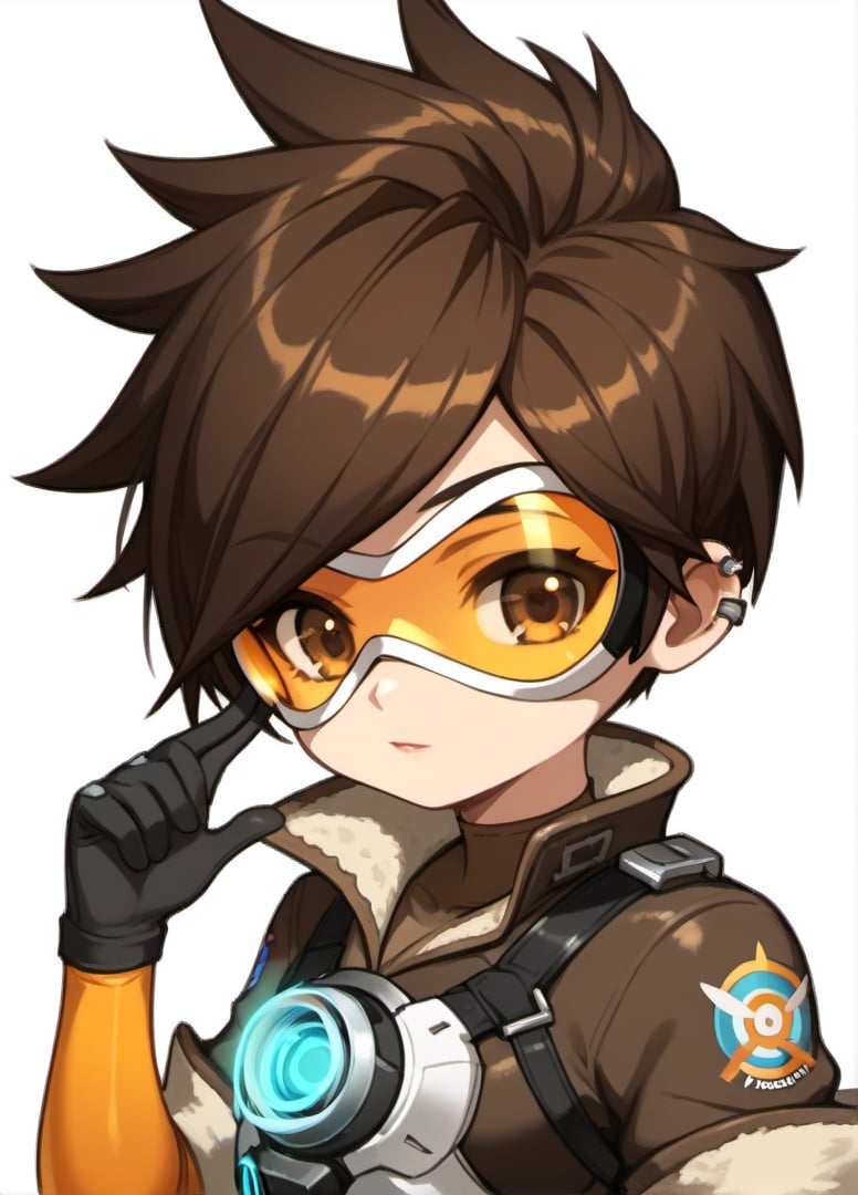 score_9, score_8_up, score_7_up, masterpiece,original,upper body,portrait,(white background,blank white background:1.1),1girl,tracer,overwatch,short hair,brown hair,brown eyes,bodysuit,swept bangs,spiked hair,goggles,ear piercing,skin tight,leather jacket,chest harness,orange bodysuit,bomber jacket,orange gogglestracer (overwatch),maplestory_style ,