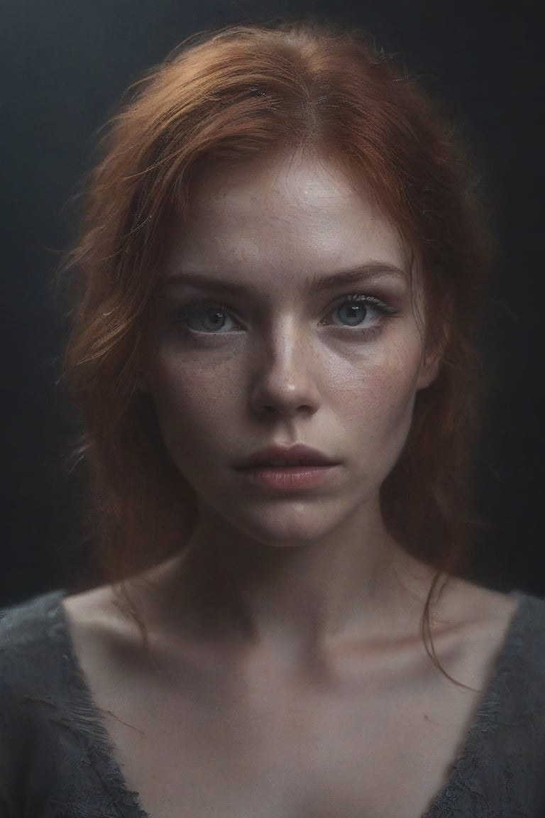 RAW photo of a fashion-forward portrait of a mesmerizing redhead posing in a dark studio, vibrant red hair cascading around her, bold makeup, intense eyes, and a hint of mystery.  (high detailed skin:1.2), 8k uhd, dslr, soft lighting, high quality, film grain, Fujifilm XT3
