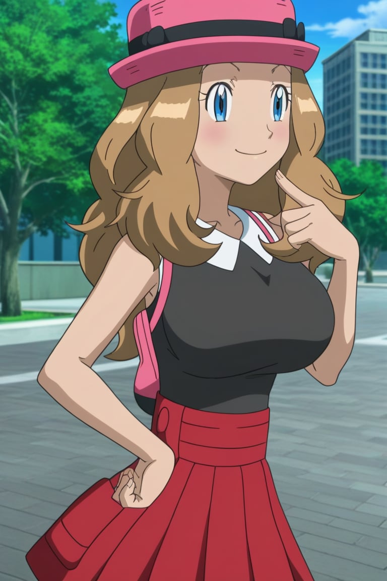 source_anime, masterpiece, best quality, solo, 1girl, serena_v1, long hair, hat, pink headwear, looking at viewer, outdoors, day, huge breasts, closed mouth, city, happy, light smile, standing, seductive_pose, narrow_waist, slim, skirt, sleeveless, black shirt, viewed_from_side, hand on hip, fingers on chin