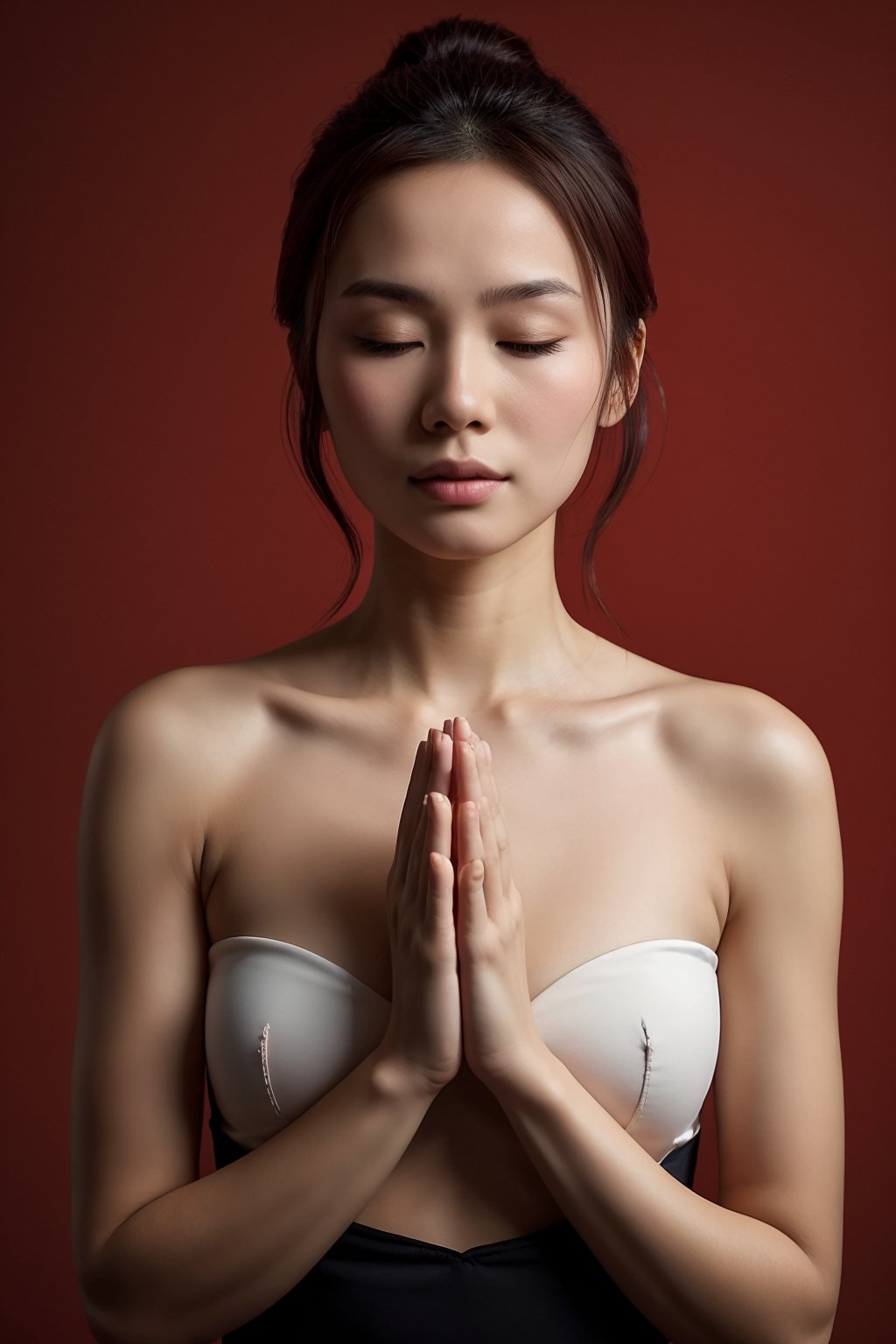A Chinese ancient beauty is praying, with hands clasped together, eyes closed in silence, wearing a solemn yet beautiful expression, Red Background, poakl