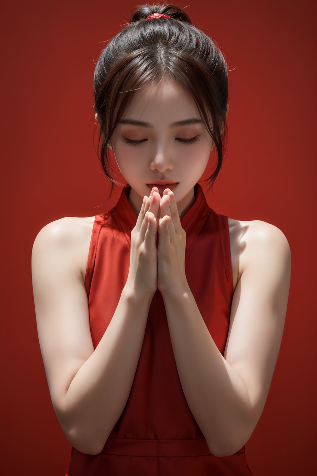 A Chinese ancient beauty is praying, with hands clasped together, eyes closed in silence, wearing a solemn yet beautiful expression, Red Background, poakl
