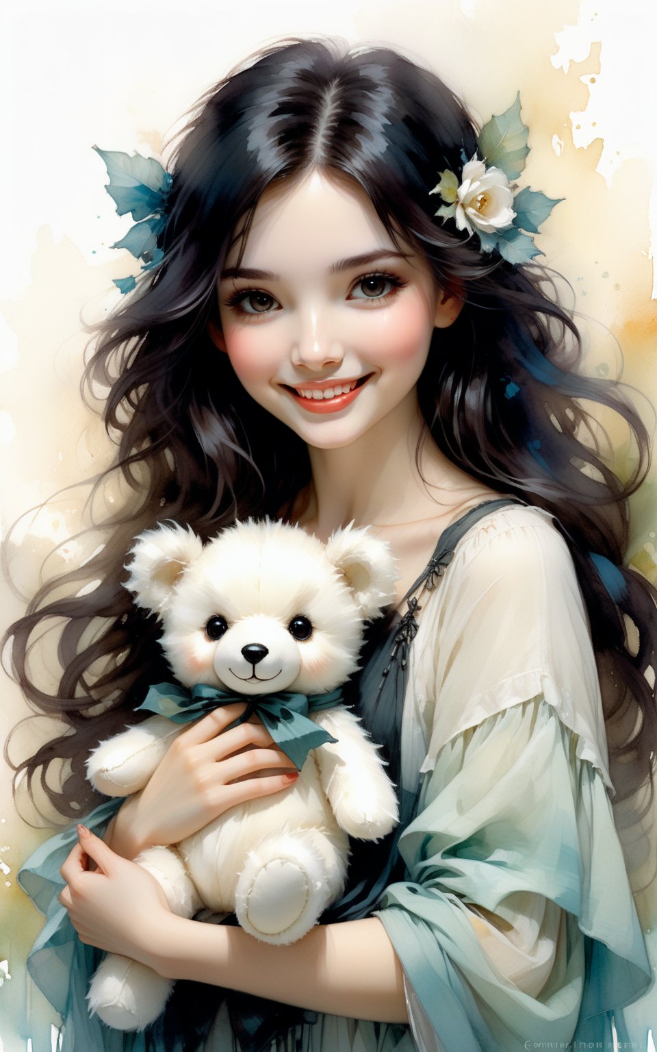 (Beautiful Woman with dark hair) holding a small (tiny cute and adorable white plush fluffy chibi-style teddy bear with large black eyes), in the style of Harrison Fisher and Brian Froud and Jeremy Mann, smile, Whimsical, vibrant colors, gloss, sweetness, surreal, thick brush strokes, layered textures, mythical, magical,more detail XL