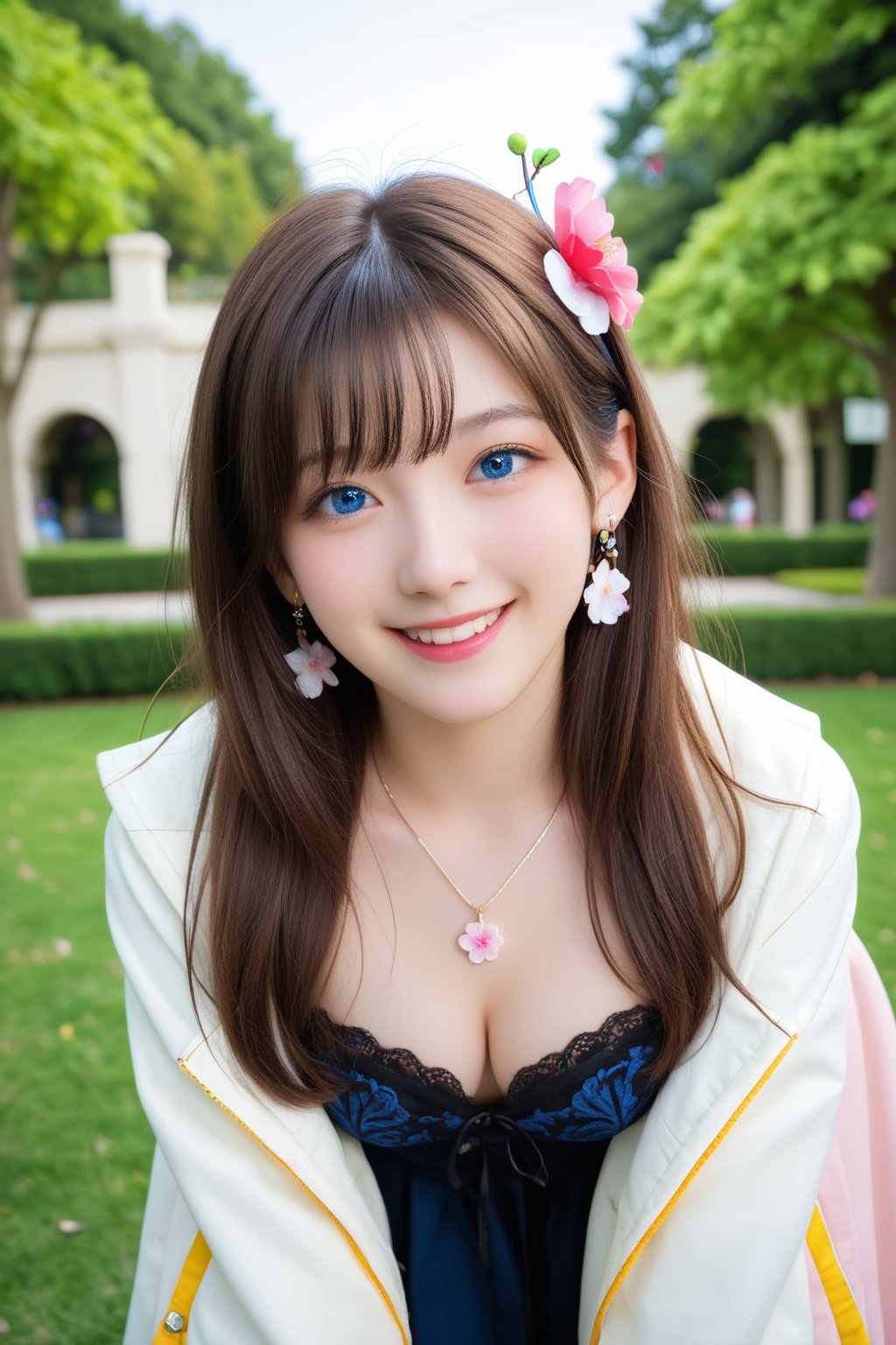 Masterpiece, best quality, highres, sensual and sensitive, flirting with viewer, leaning forward:1.5, bent down:1.5,  looking at viewer, 13 year old beautiful young girl, long hair, brown hair, blue eyes, hair ornaments, cherry blosssoms, smiling, public park garden, soft lighting, realistic, earrings,  necklace, the girl exposes her medium breasts and cleavage, wearing summer white jacket and black lacy bustier, 