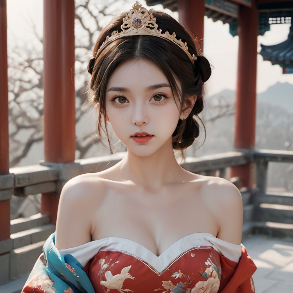 (xxmix girl woman), photo of a woman, beautiful face, princess, detailed off-shoulder gown , photographic style, upper body, selfie ,ancient China palace,xxmix girl woman, ,