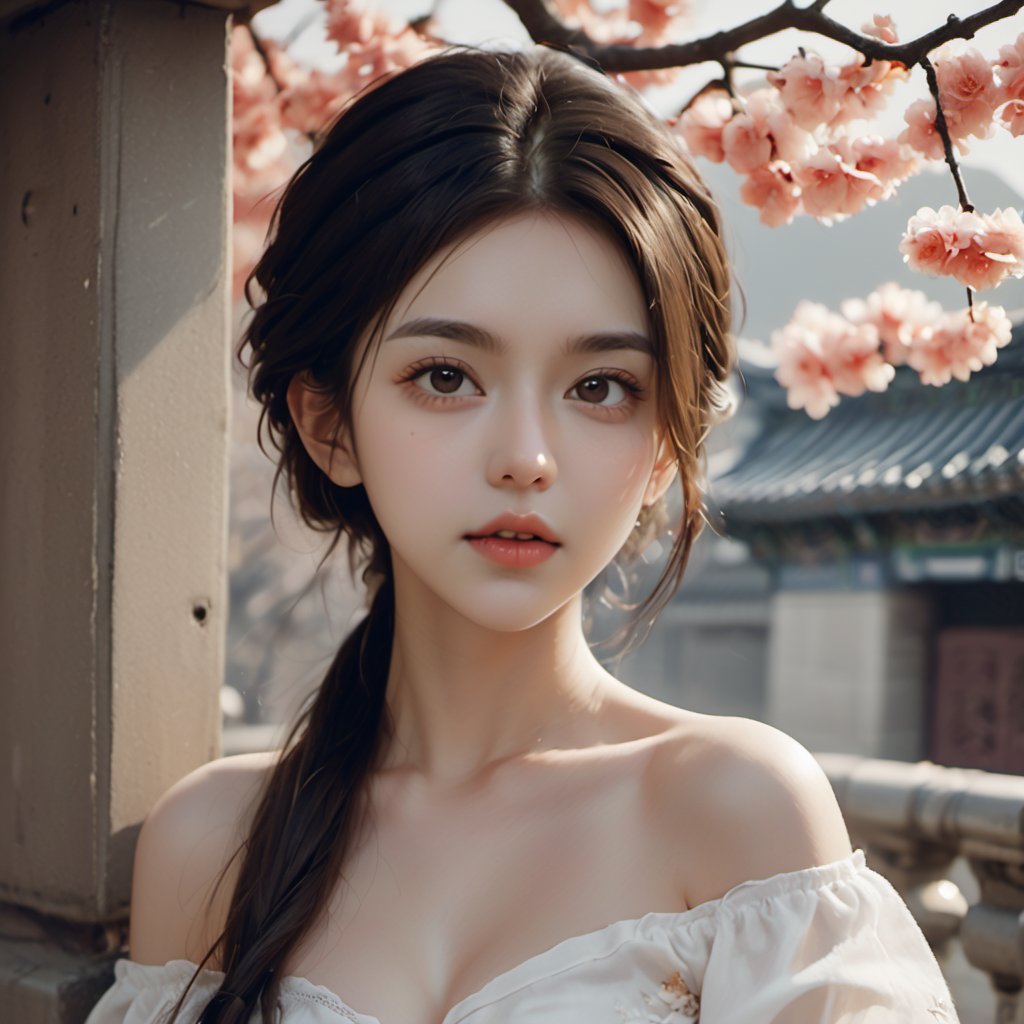 (xxmix girl woman), photo of a woman, beautiful face, princess, detailed off-shoulder gown , photographic style, upper body, selfie ,ancient China palace,xxmix girl woman, ,