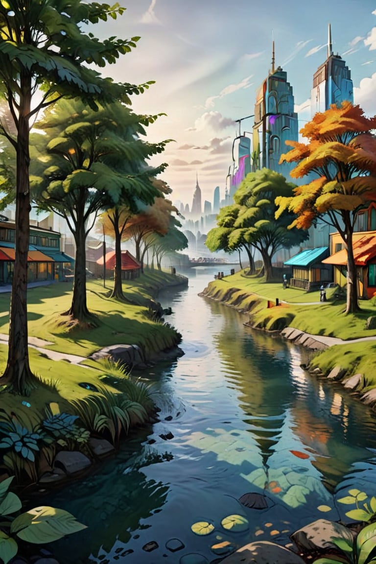 high quality, 8K Ultra HD, (((naturally interacting with the environment:1.5))),(((seamless:1.5))),((strong environmental light)),((hard shadows)), futureies city moke realistic funtastic city modern city, (city of the future) colourful funtastic magical creativite of nature landloard plant landloar plant trees and trees big trees ,island,style of Edvard Munch