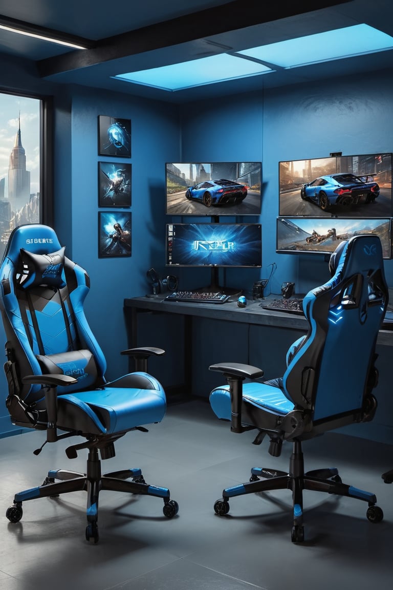 There is a glass room in which the background color is blue in light weight and there are two laptops and in front of it there is a high profile chair gaming chair and a gaming room has to be created in which the key should be in light weight and the color should be with blue background