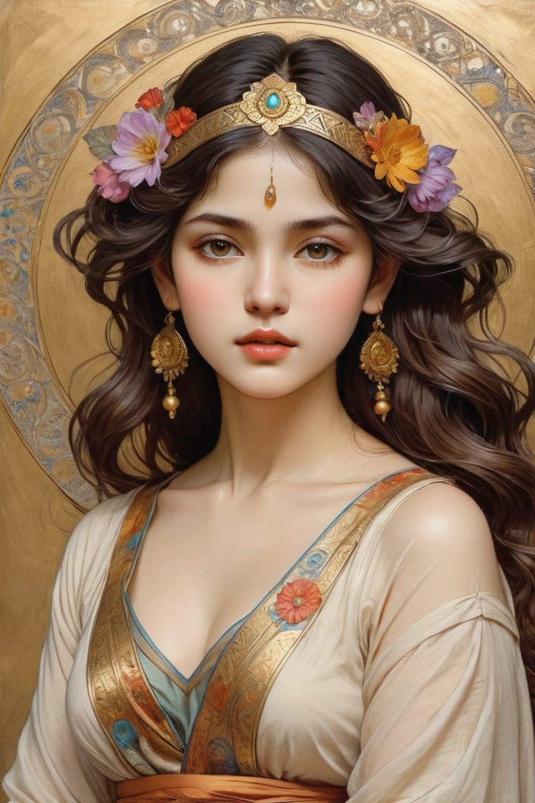 (1girl), (masterpiece, top quality, best quality, official art, indian beautiful and aesthetic:1.2), extreme detailed,colorful,highest detailed, official art, unity 8k wallpaper, ultra detailed, beautiful and aesthetic, beautiful, masterpiece, best quality, (zentangle, mandala, tangle, entangle) ,holy light,gold foil,gold leaf art,glitter drawing, PerfectNwsjMajicPerfectNwsjMajmagic, psychedelia art, flower, mandala, psychedelic, tapestries, ethereal
Negative Prompt ~ Carl Larsson ~ Titian ~ Raphael ~ Michael Angelo ~ Jean Auguste Dominique Ingres ~ Tony Taka ~ Frederic Leighton ~ Károly Lotz ~ Edward Poynter ~ Pierre-Auguste Renoir ~ Paul Peel ~ John Singer Sargent ~ Alexandre-Jacques Chantron ~ John William Godward ~ John William Waterhouse ~ Han-Wu Shen ~ Ishitaka Amano ~ Chakrapan Posayakrit ~ Kim Jung Gi ~ Kei Mieno ~ Ikushima Hiroshi ~  WLOP ~ William-Adolphe Bouguereau ~ Alphonse Mucha ~Luis Royo ~ David Hamilton photography ~ Range Murata ,on parchment,Expressiveh