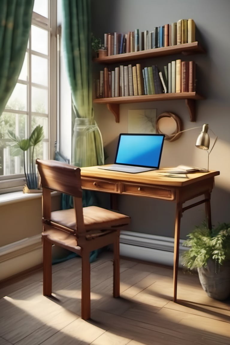 the bes quailty of realistic image. create image a studing table with sitting a chair with a laptop 