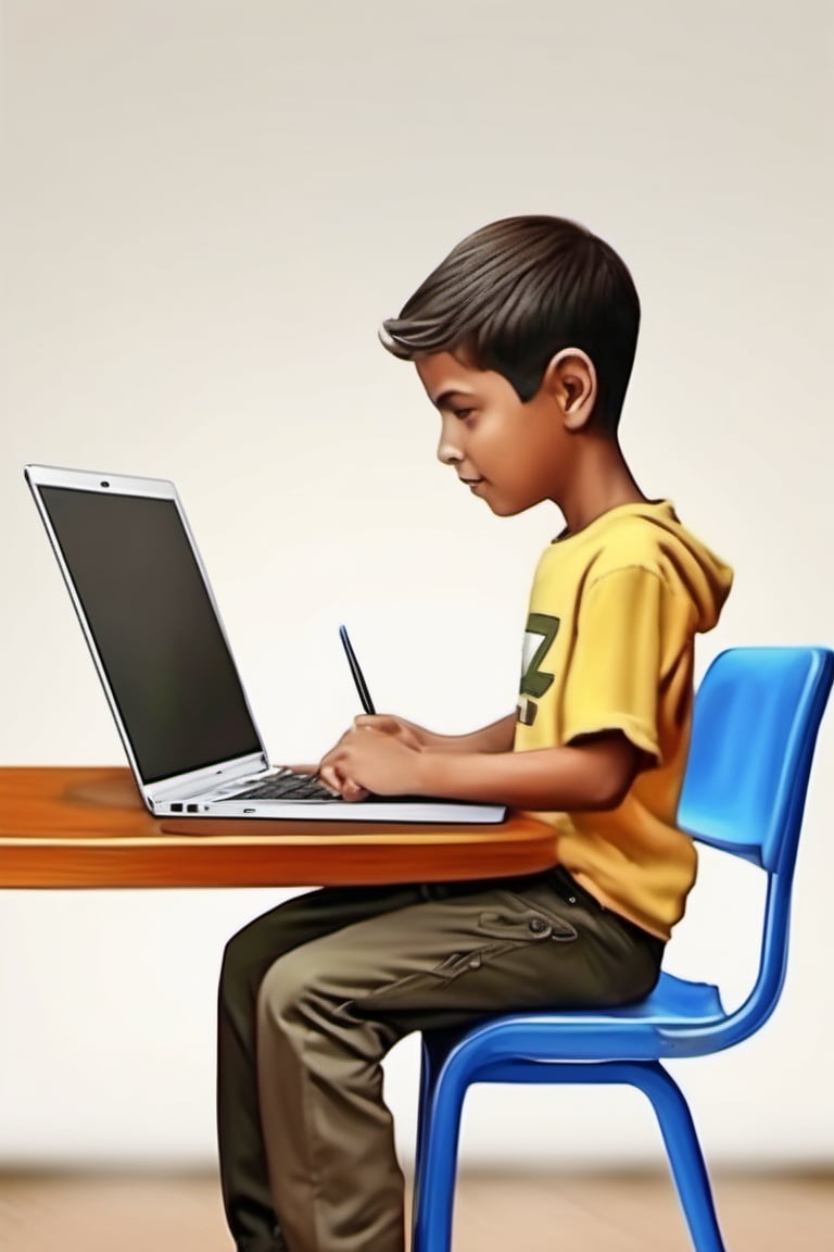 the bes quailty of realistic image. create image a studing table with sitting a boy chair with on a laptop 