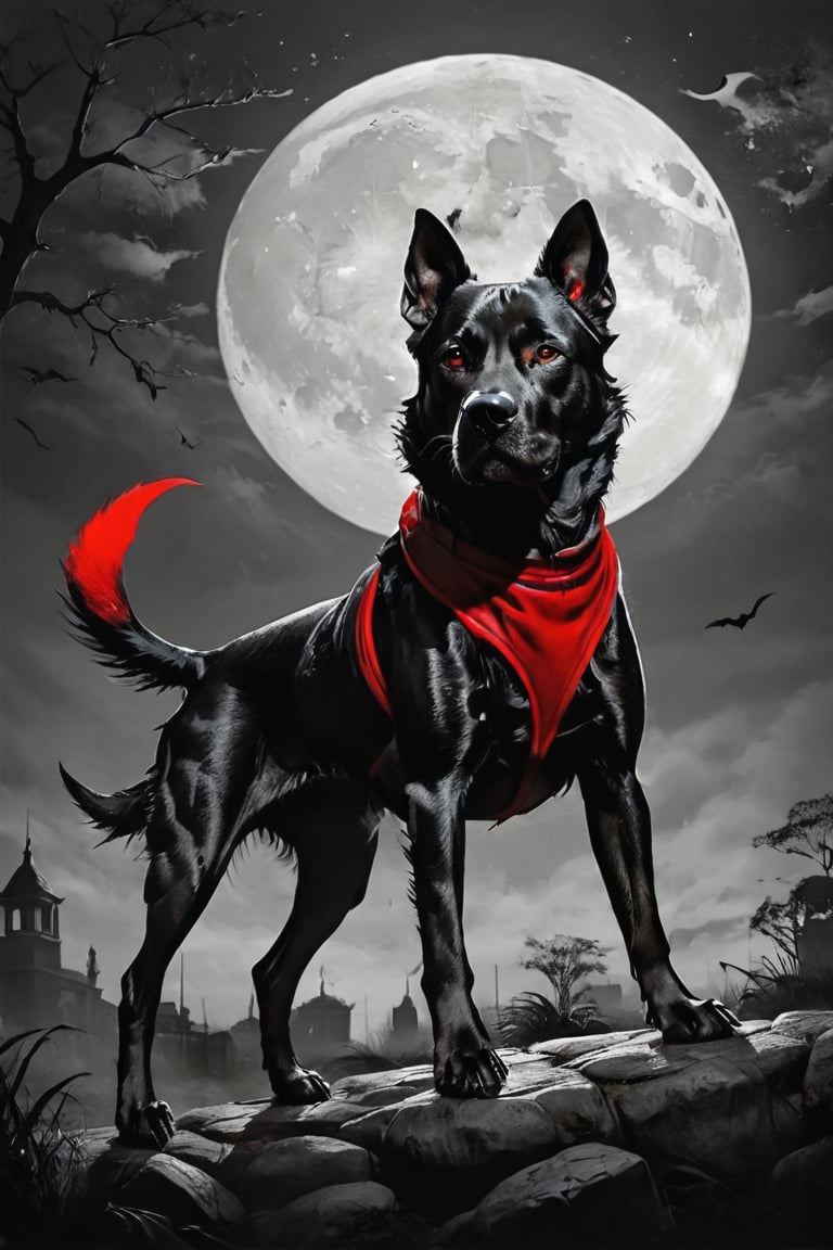 Create a background is dark night than fight Dog and cut, but colour is black and white and cut colour is red