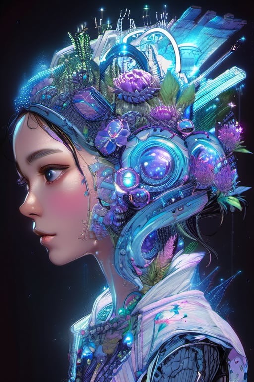 1girl, solo, short hair, blue eyes, simple background, black hair, hair ornament, upper body, flower, parted lips, mole, from side, lips, eyelashes, mole under eye, profile, glowing, leaf, black background, portrait, pink flower, science fiction, nose, purple flower, cable