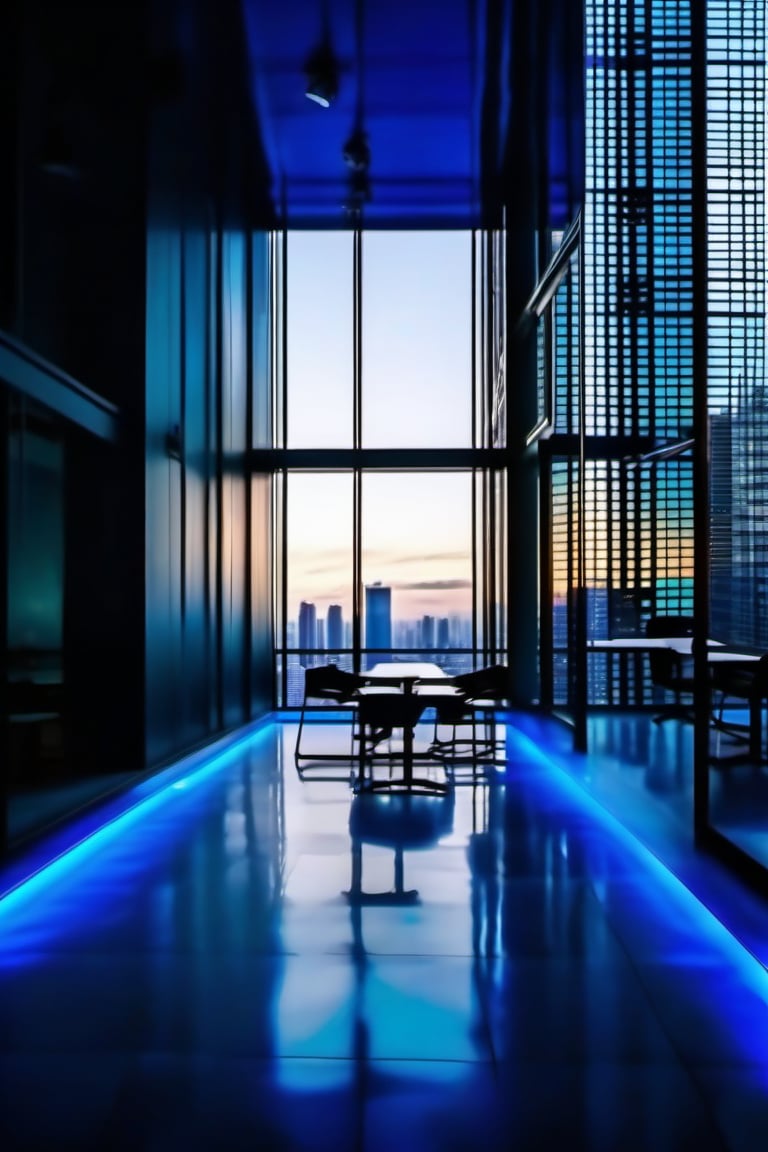 there is a very beautiful city in which there are many tall buildings. The outside viwe of any building is visible from which the building from which this view is visible has an office room chamber in which five chairs and a table are placed and the office light is set in depresssion. A unique type of light is installed on the floor whose color is blue and white light.